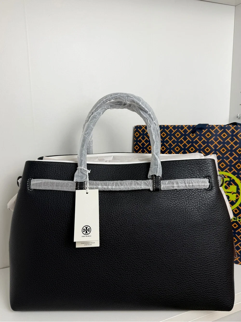 Tory Burch Black Leather Tote with Brown Trim